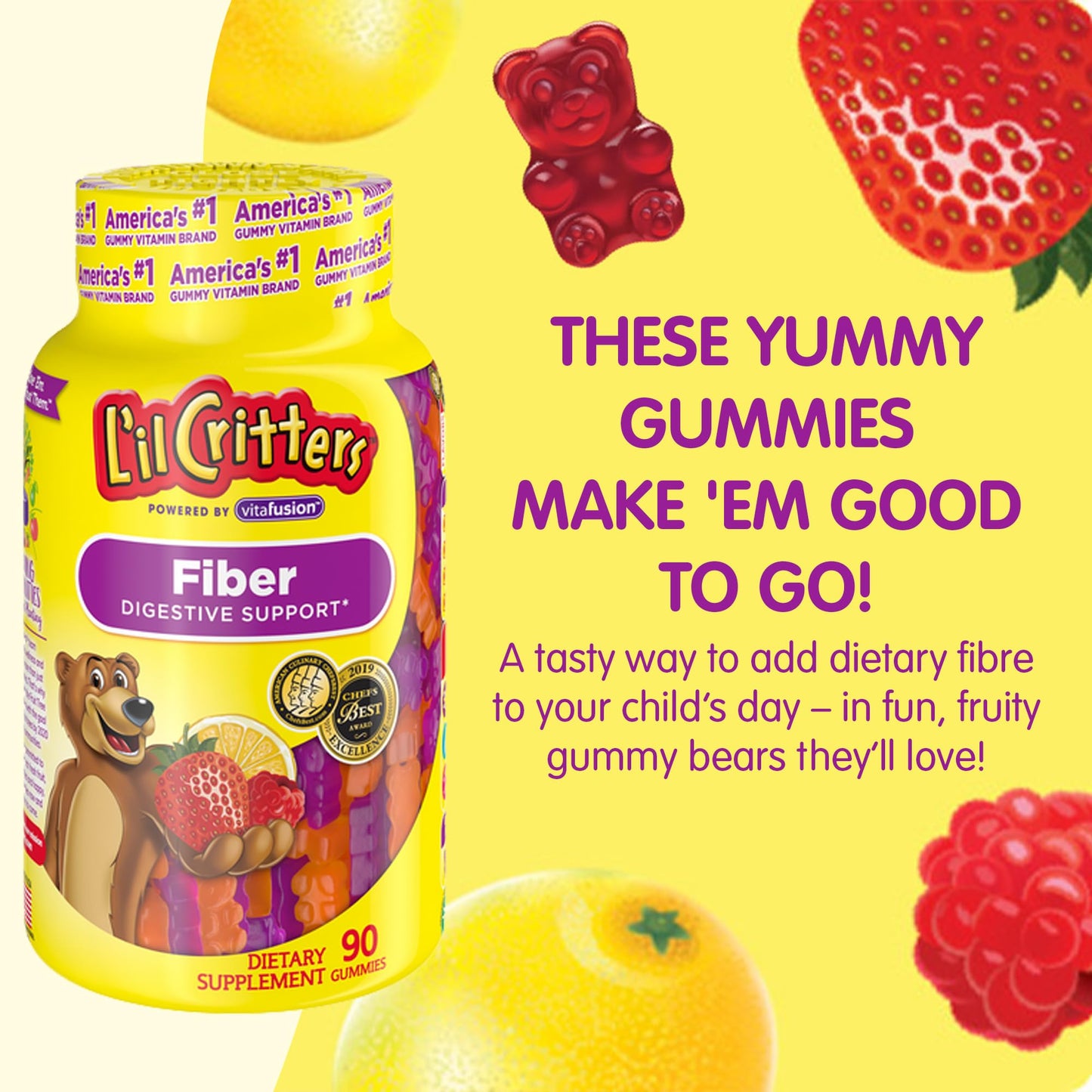 L’il Critters Fiber Daily Gummy Supplement for Kids, for Digestive Support, Berry and Lemon Flavors, 90 Gummies - Maple Wellness Supplements