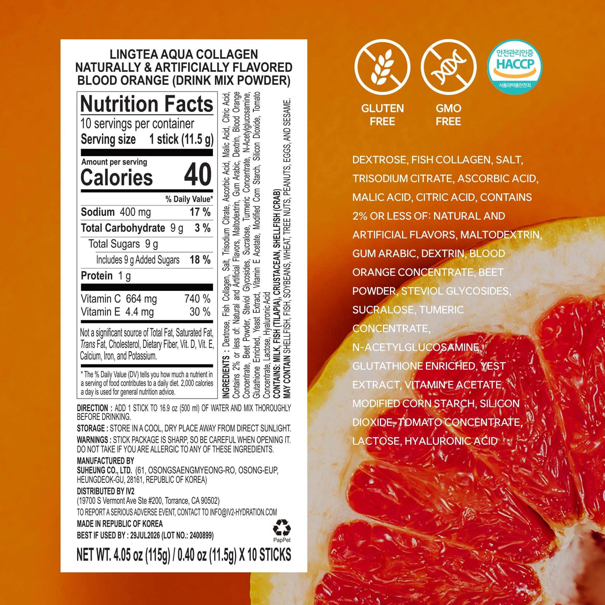 LINGTEA Doctor Developed Hydration Aqua Collagen Drink Mix -Blood Orange Flavor | 1,000mg Ultra-Micro Collagen | Maximum Absorption | Rapid Hydration | Vitamin C | Anti-Aging | Skin Health | 10 Count - Maple Wellness Supplements