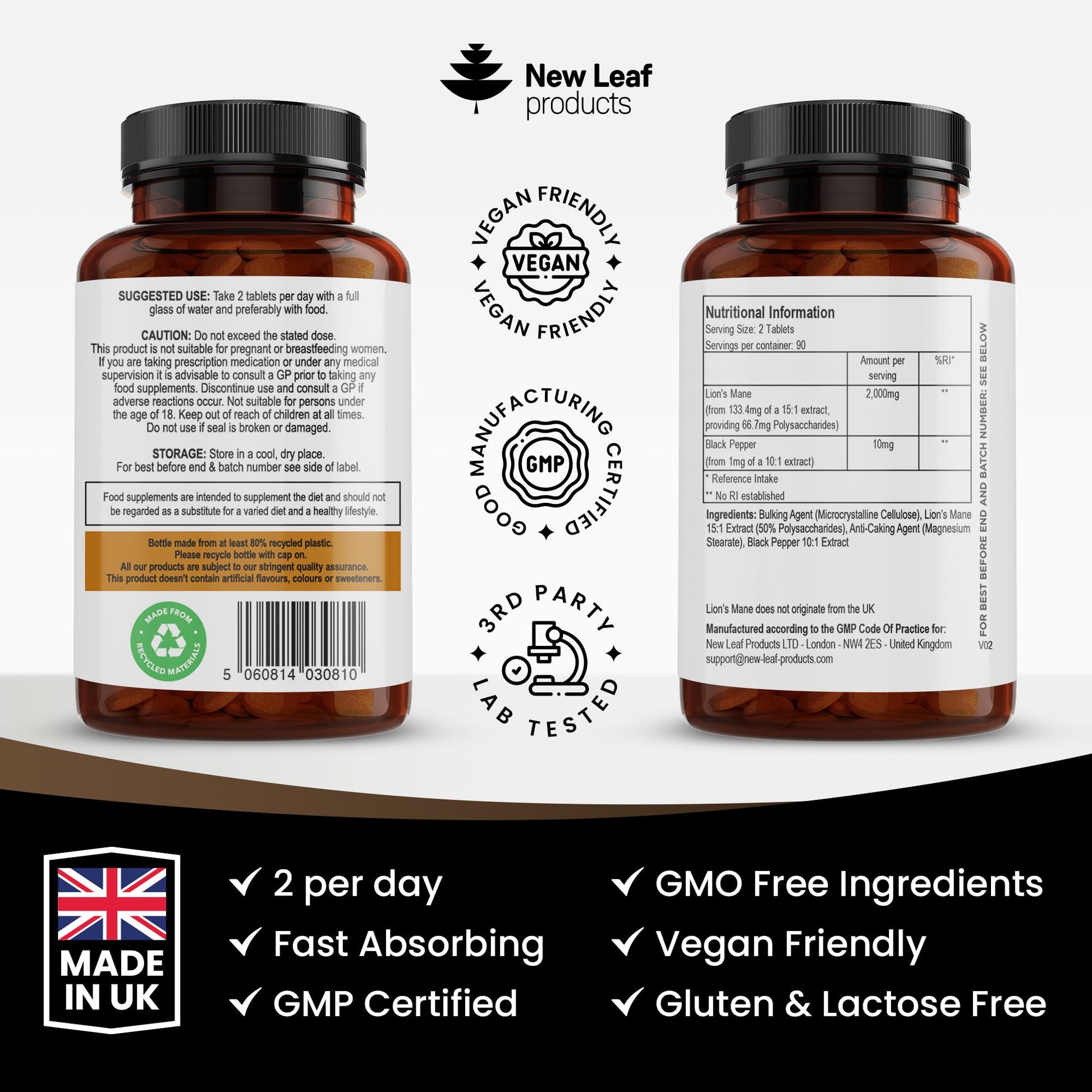 Lions Mane Mushroom Extract Supplement 2000mg - 180 High Strength Vegan Tablets - Maple Wellness Supplements