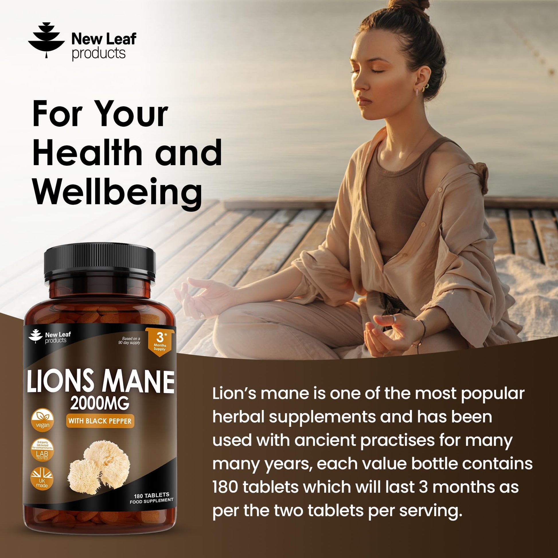 Lions Mane Mushroom Extract Supplement 2000mg - 180 High Strength Vegan Tablets - Maple Wellness Supplements