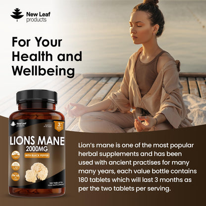 Lions Mane Mushroom Extract Supplement 2000mg - 180 High Strength Vegan Tablets - Maple Wellness Supplements