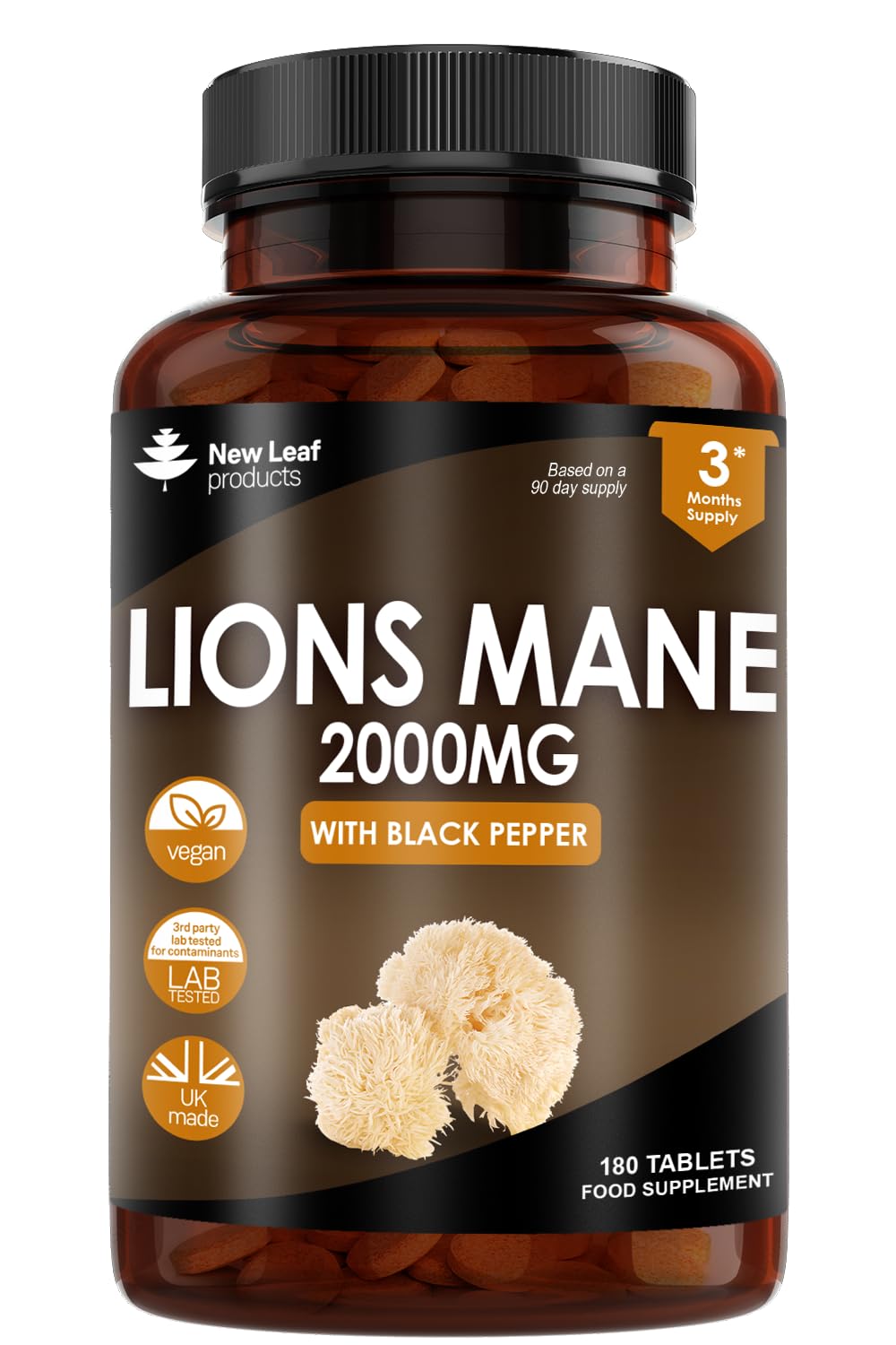 Lions Mane Mushroom Extract Supplement 2000mg - 180 High Strength Vegan Tablets - Maple Wellness Supplements
