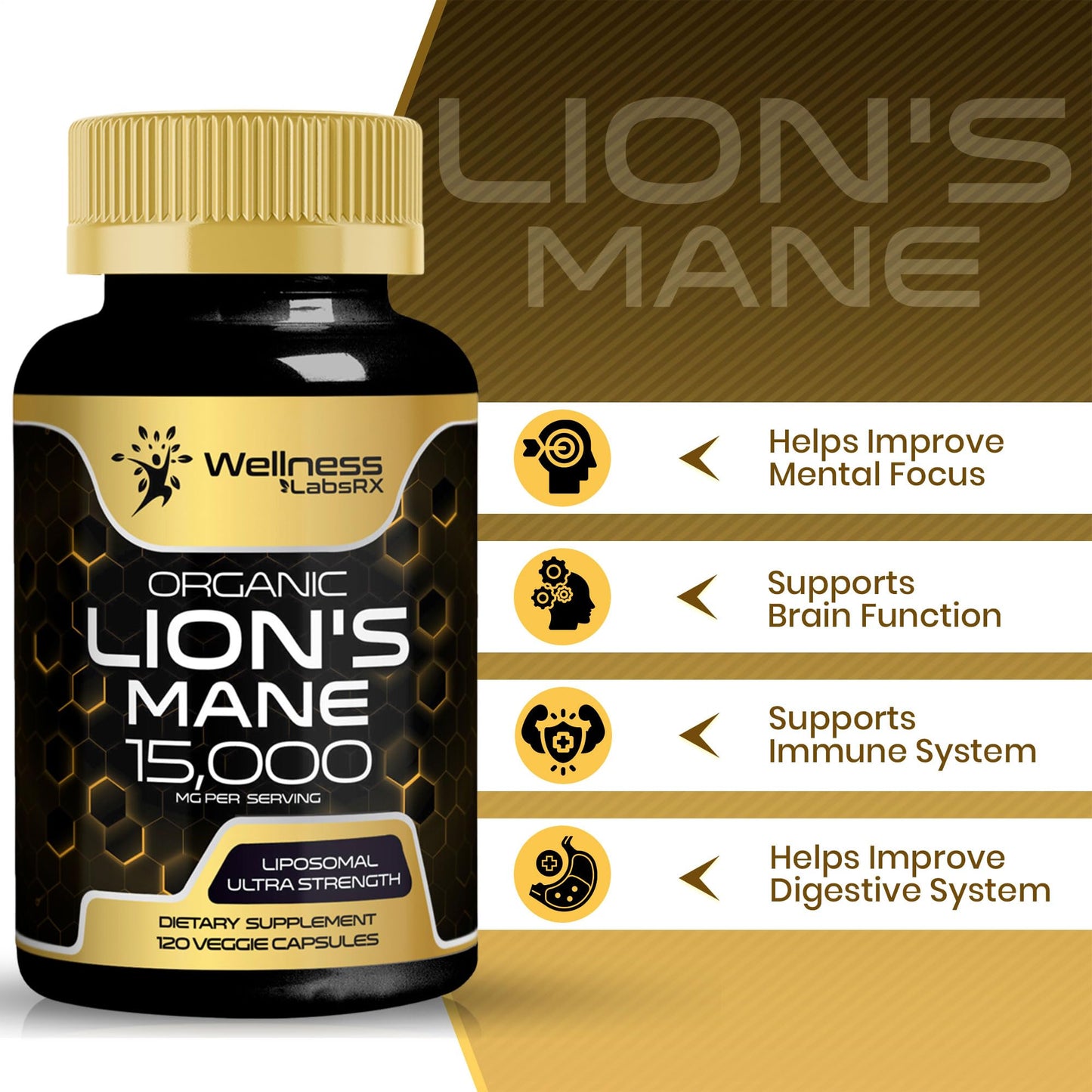 Lions Mane Supplement Capsules - 120 Count - Mushroom Supplement, Brain Supplements - Maple Wellness Supplements