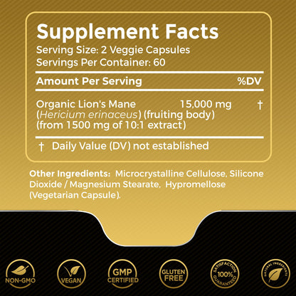 Lions Mane Supplement Capsules - 120 Count - Mushroom Supplement, Brain Supplements - Maple Wellness Supplements