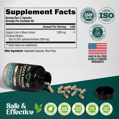Lions Mane Supplement Capsules - Organic Lions Mane - Made in USA - Fruiting Bodies Extract - 1200 mg, 25% Polysaccharides - Memory & Focus Support - Maple Wellness Supplements
