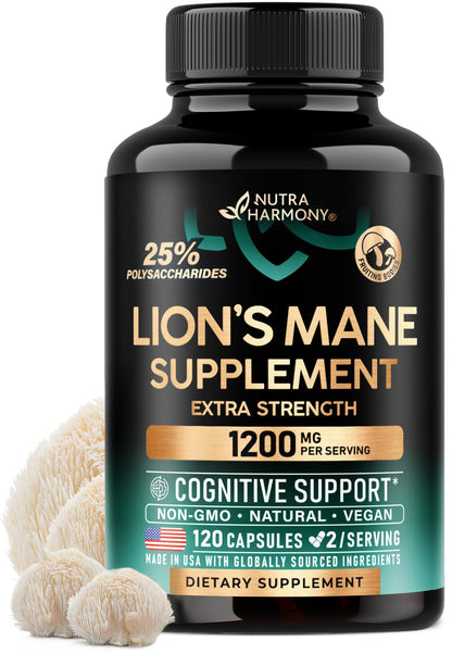 Lions Mane Supplement Capsules - Organic Lions Mane - Made in USA - Fruiting Bodies Extract - 1200 mg, 25% Polysaccharides - Memory & Focus Support - Maple Wellness Supplements