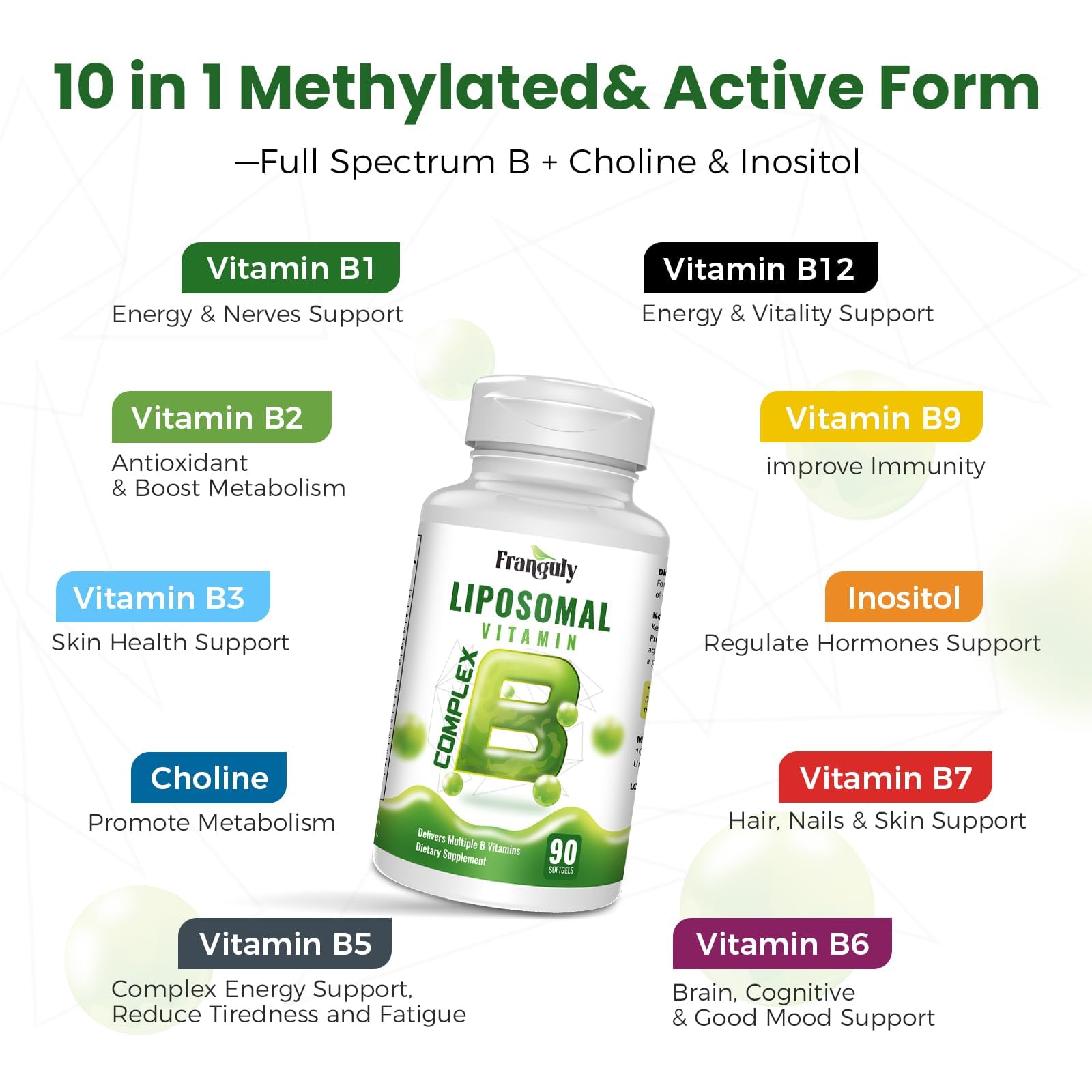 Liposomal B Complex for High Absorption Methylated B12,L-Methyfolate(5-MTHF ),Full Active B Vitamins with Choline Inositol-Energy, Metabolism,Brain & Heart Support - Maple Wellness Supplements