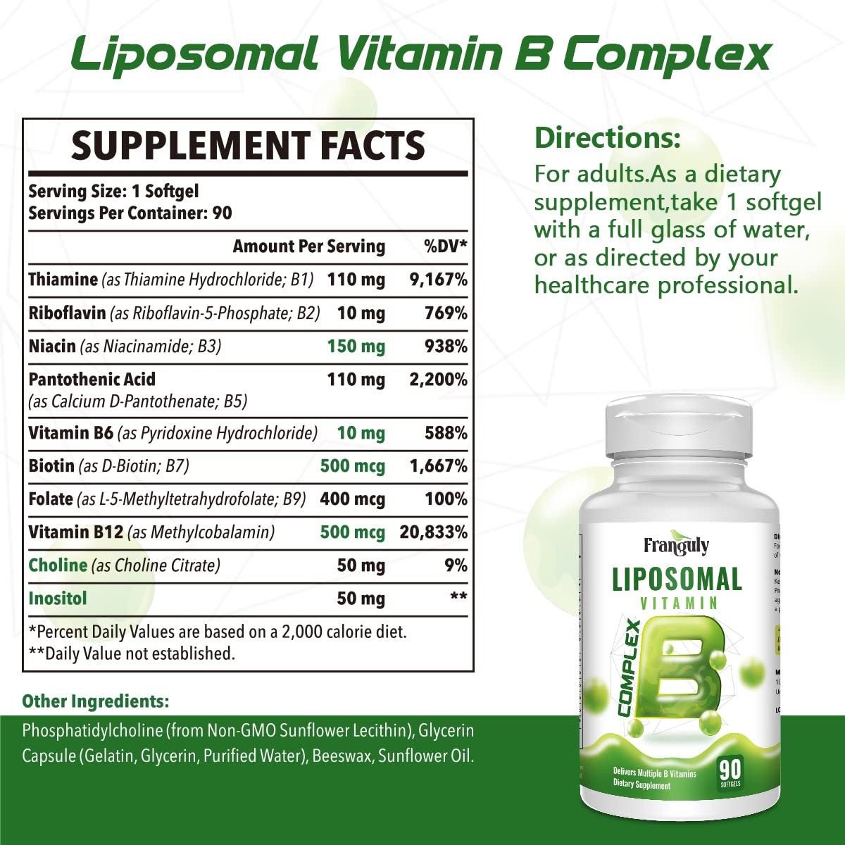 Liposomal B Complex for High Absorption Methylated B12,L-Methyfolate(5-MTHF ),Full Active B Vitamins with Choline Inositol-Energy, Metabolism,Brain & Heart Support - Maple Wellness Supplements