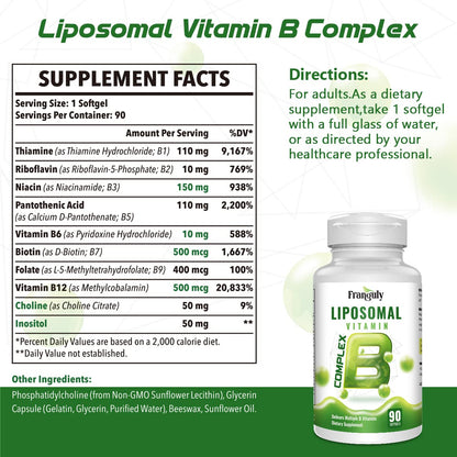 Liposomal B Complex for High Absorption Methylated B12,L-Methyfolate(5-MTHF ),Full Active B Vitamins with Choline Inositol-Energy, Metabolism,Brain & Heart Support - Maple Wellness Supplements