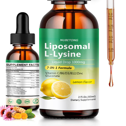 Liposomal L-Lysine 1000mg Liquid Drops, 7-in-1 Lysine Supplement for Adults with Vitamin C/B6/D3/B12 & Zinc Gluconate, Immune Support, Collagen Synthesis & Skin Lip Health, Lemon Flavor, 2 Fl Oz - Maple Wellness Supplements