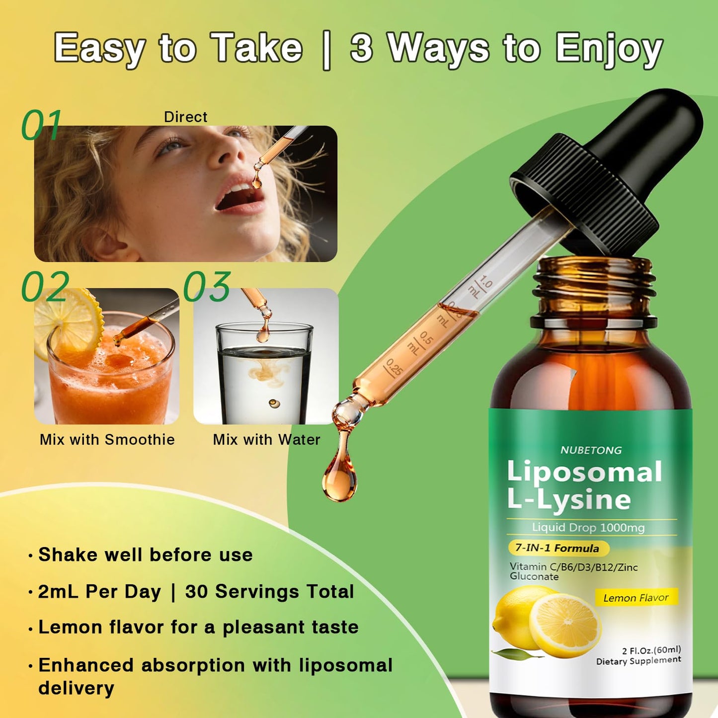 Liposomal L-Lysine 1000mg Liquid Drops, 7-in-1 Lysine Supplement for Adults with Vitamin C/B6/D3/B12 & Zinc Gluconate, Immune Support, Collagen Synthesis & Skin Lip Health, Lemon Flavor, 2 Fl Oz - Maple Wellness Supplements