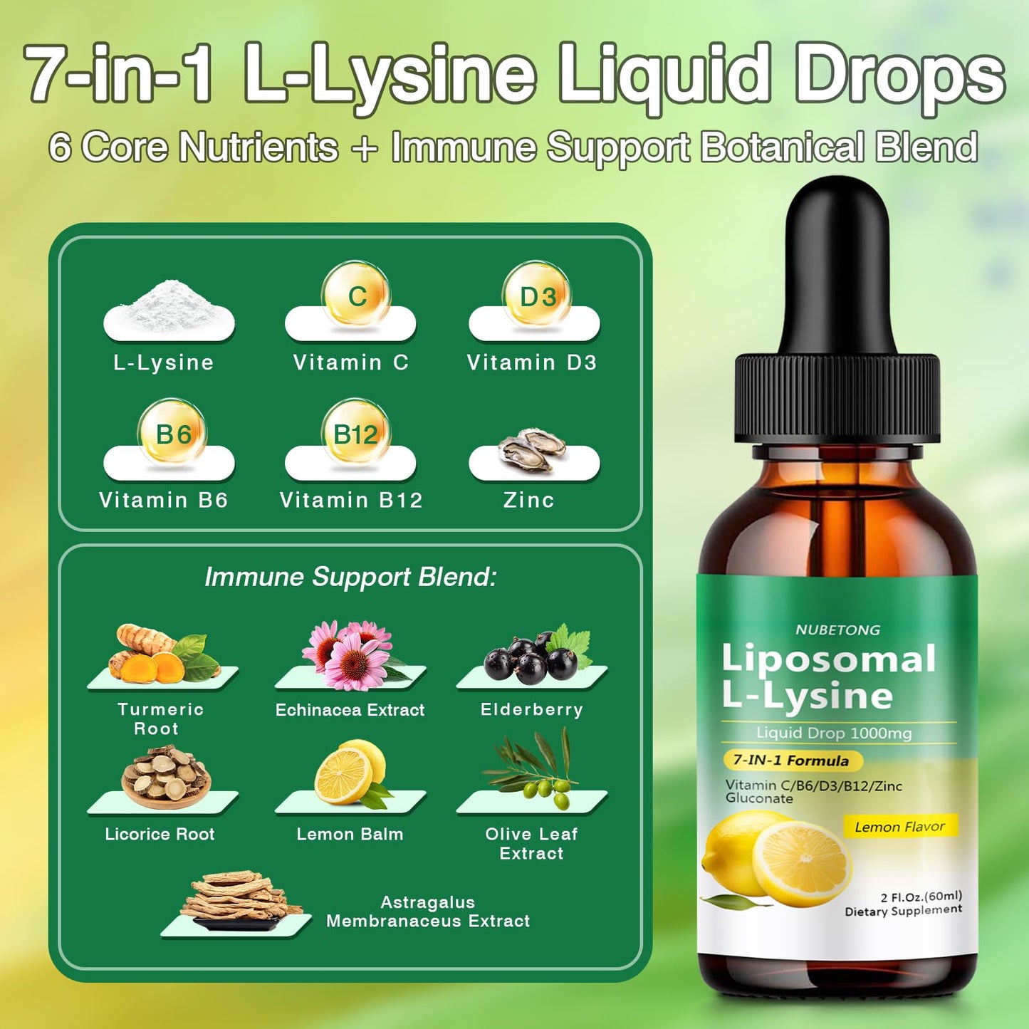 Liposomal L-Lysine 1000mg Liquid Drops, 7-in-1 Lysine Supplement for Adults with Vitamin C/B6/D3/B12 & Zinc Gluconate, Immune Support, Collagen Synthesis & Skin Lip Health, Lemon Flavor, 2 Fl Oz - Maple Wellness Supplements