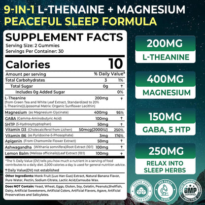 Liposomal L-Theanine 200mg Magnesium Glycinate 400mg Gummies with GABA, 5HTP, Apigenin, Vitamin B6 & D3, Ashwagandha, Lemon Balm Leaf, Melatonin Free Sleep - Maple Wellness Supplements