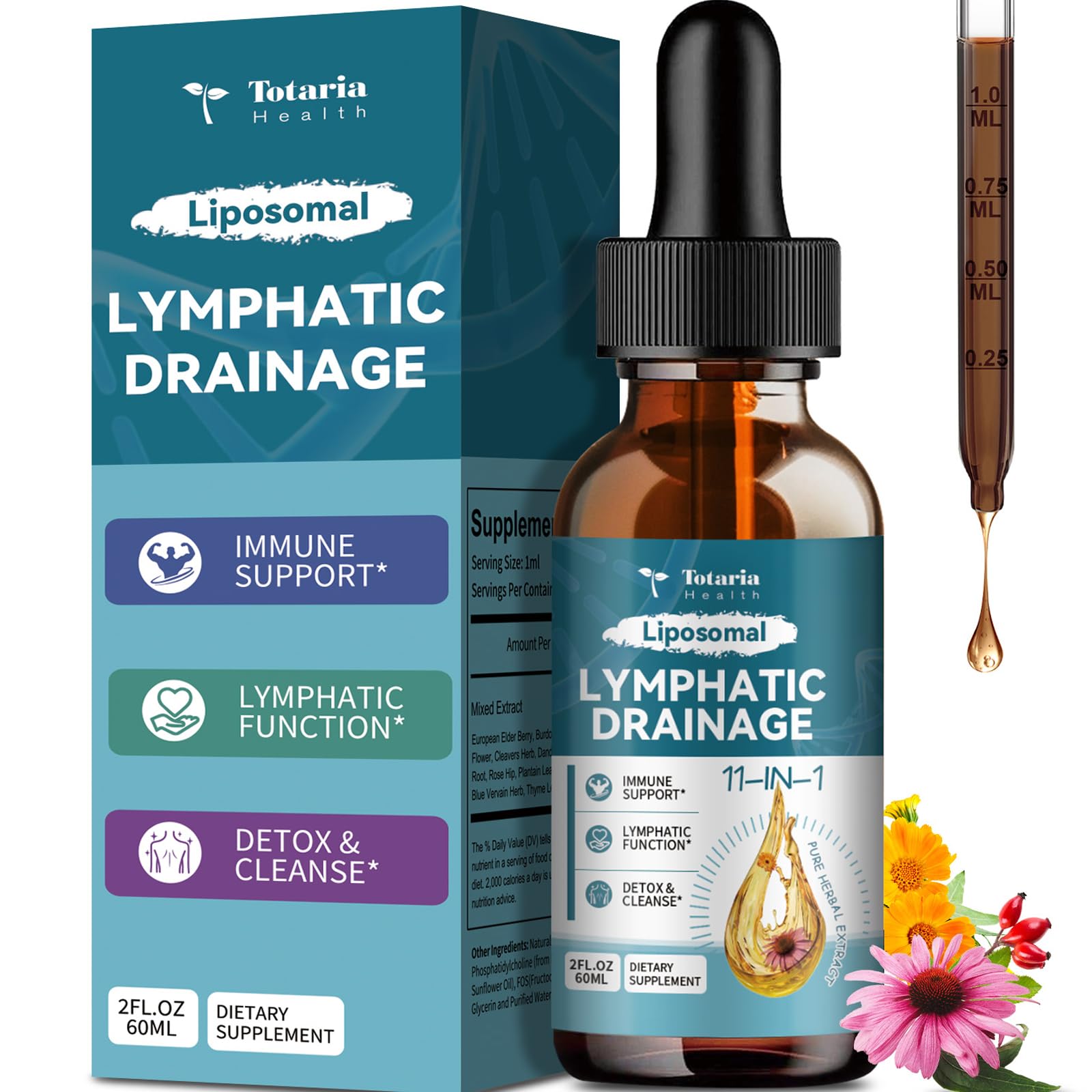 Liposomal Lymphatic Drainage Drops - 11 In 1 Organic Lymphatic Drainage Supplement with Burdock Root, Echinacea, Elderberry, Calendula, Cleavers Herb - Maple Wellness Supplements