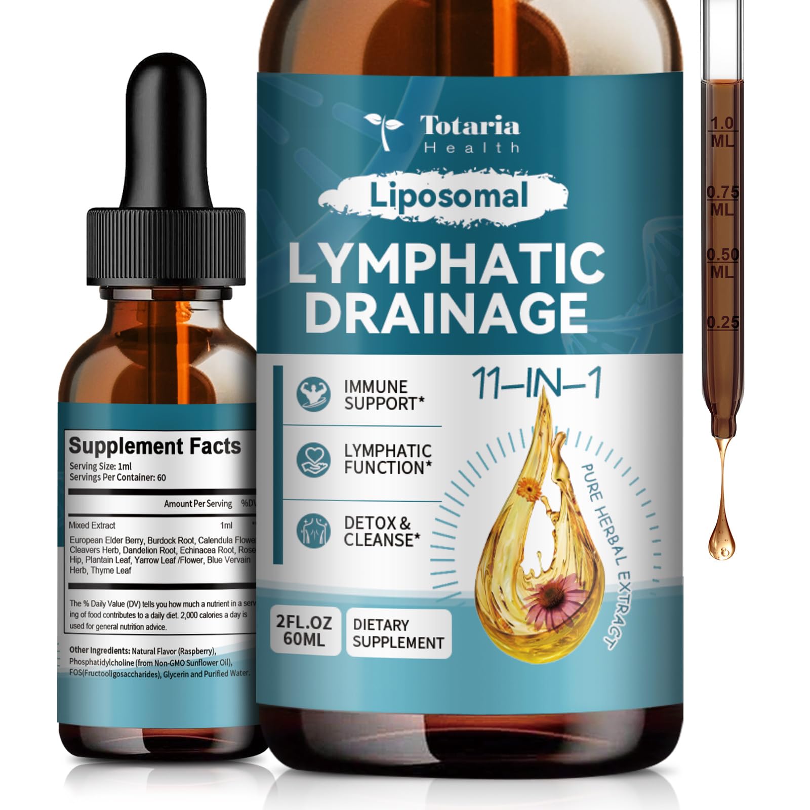 Liposomal Lymphatic Drainage Drops - 11 In 1 Organic Lymphatic Drainage Supplement with Burdock Root, Echinacea, Elderberry, Calendula, Cleavers Herb - Maple Wellness Supplements
