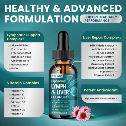 Liposomal Lymphatic Drainage Drops - 21 in 1 Liver Cleanse Detox & Repair with Milk Thistle, Echinacea, Burdock Root, Liposomal Glutathione, Vitamin Complex ''Lymph-Liver'' Gut & Metabolic Health - Maple Wellness Supplements