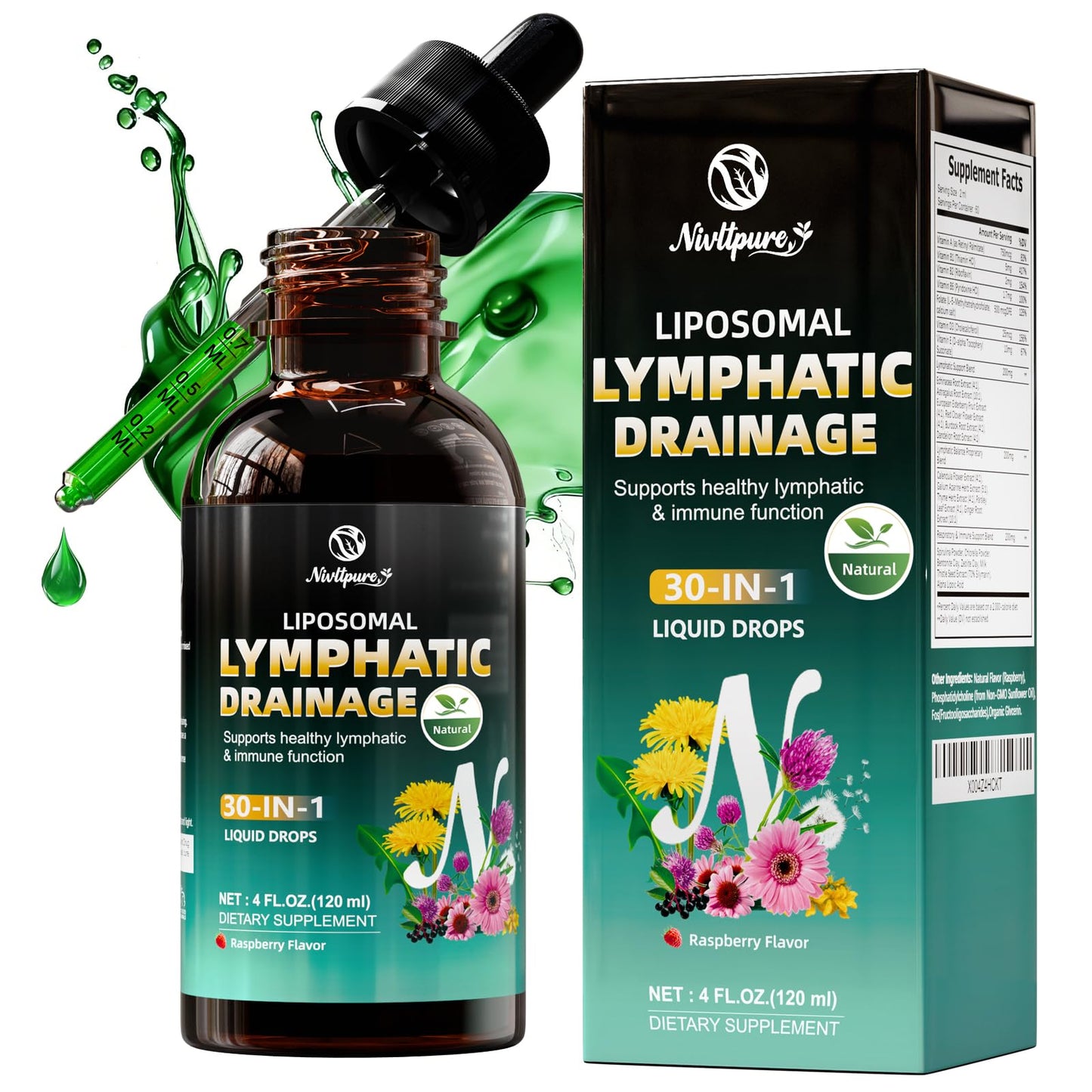 Liposomal Lymphatic Drainage Drops, 4 fl oz – 30-in-1 Lymphatic Drainage Supplements with 23 Herbs & 7 Vitamins – Supports Lymphatic System, Immune & Liver Health – Detox Support – 60-Day Supply - Maple Wellness Supplements