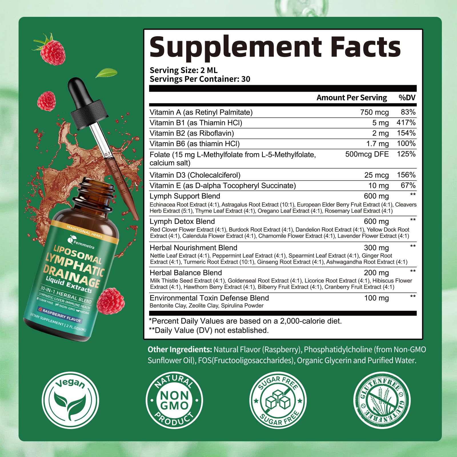 Liposomal Lymphatic Drainage Supplements with 30-in-1 Herbal Blend - Echinacea | Oregano | Milk Thistle - Sugar Free Lymph System Drops - Immune Support, Cleanse & Detox, Raspberry Flavor, 2 fl oz - Maple Wellness Supplements