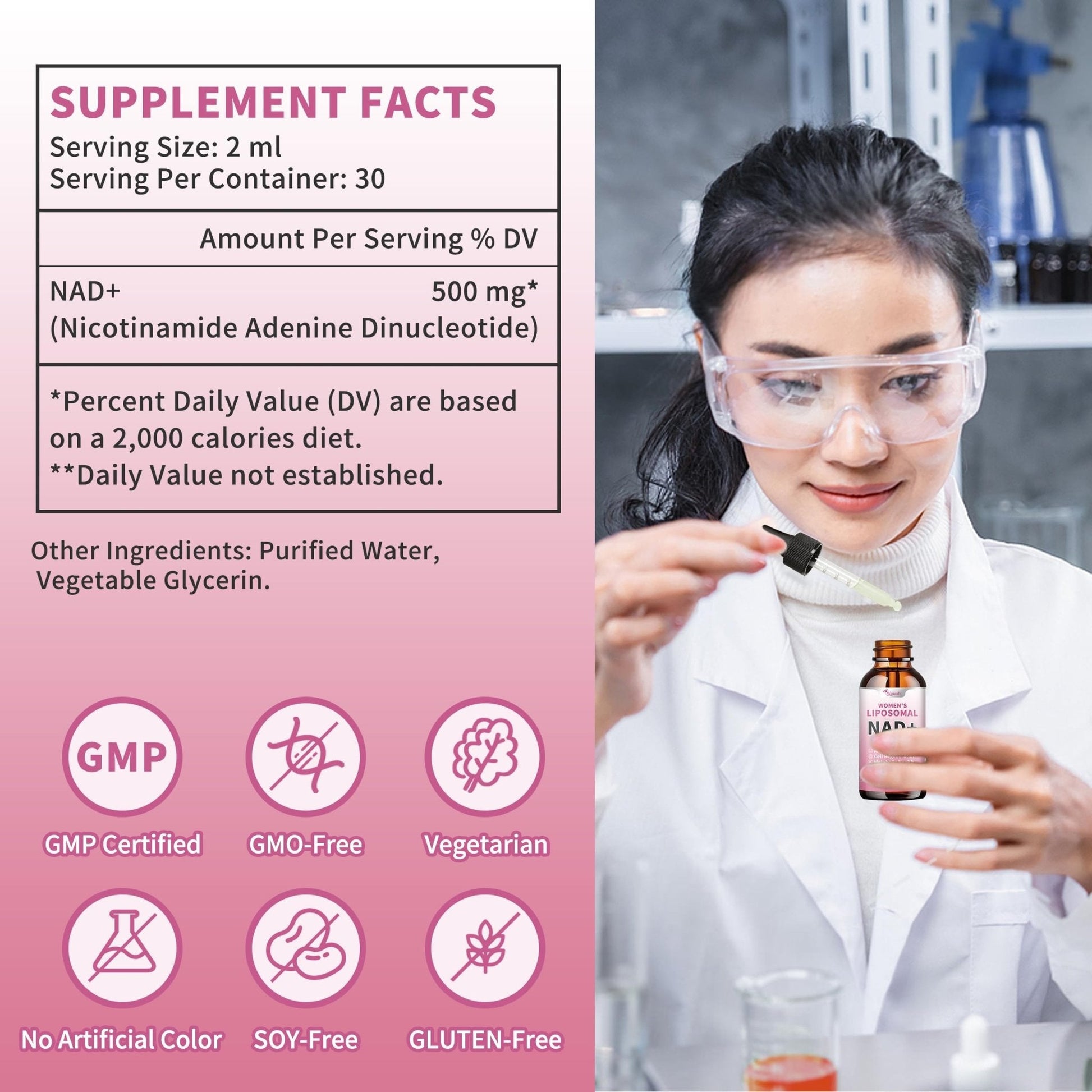 Liposomal NAD Liquid Supplement for Women, Pure 500mg NAD Nicotinamide - Cell Regeneration，Energy & Metabolism Support, Vegan,Sugar Free，Additives Free，2 Fl Oz - Maple Wellness Supplements