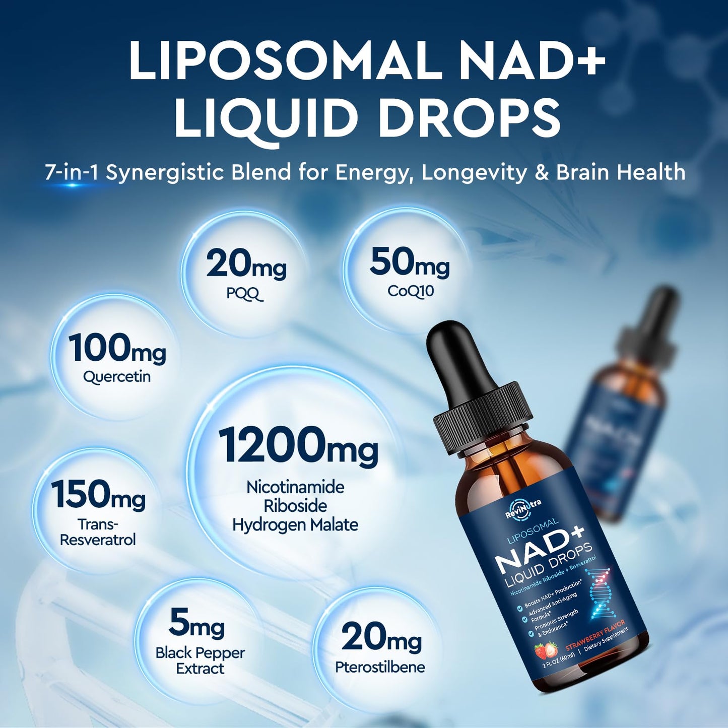Liposomal NAD+ Liquid Supplement, Nad Resveratrol Supplement for Women & Men, Nicotinamide Riboside with PQQ, CoQ10, Quercetin for Anti-Aging, Brain, Cellular Energy Health, Strawberry Flavor, 2 Fl Oz - Maple Wellness Supplements