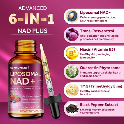 Liposomal NAD Supplement - 1200mg NAD+ Liquid Drops for Women & Men with Nicotinamide, Resveratrol, Quercetin, TMG, Black Pepper Extract - Brain & Cellular Mitochondrial Health, Anti-Aging, Longevity - Maple Wellness Supplements