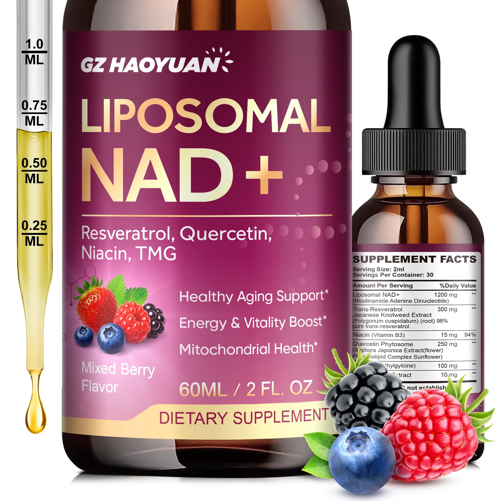 Liposomal NAD Supplement - 1200mg NAD+ Liquid Drops for Women & Men with Nicotinamide, Resveratrol, Quercetin, TMG, Black Pepper Extract - Brain & Cellular Mitochondrial Health, Anti-Aging, Longevity - Maple Wellness Supplements