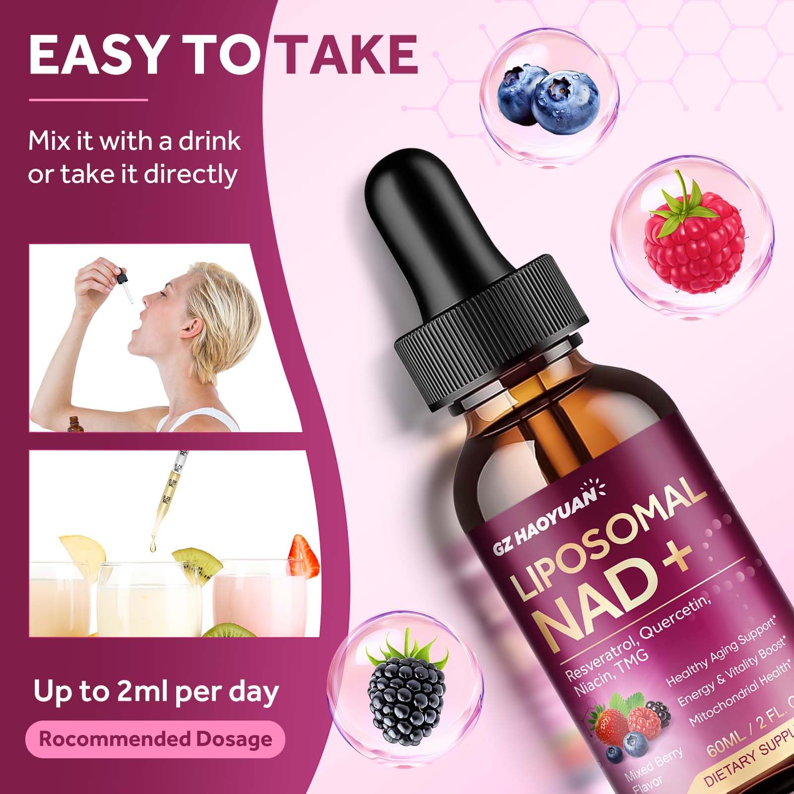 Liposomal NAD Supplement - 1200mg NAD+ Liquid Drops for Women & Men with Nicotinamide, Resveratrol, Quercetin, TMG, Black Pepper Extract - Brain & Cellular Mitochondrial Health, Anti-Aging, Longevity - Maple Wellness Supplements