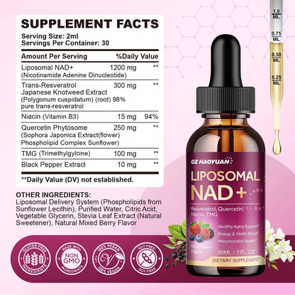 Liposomal NAD Supplement - 1200mg NAD+ Liquid Drops for Women & Men with Nicotinamide, Resveratrol, Quercetin, TMG, Black Pepper Extract - Brain & Cellular Mitochondrial Health, Anti-Aging, Longevity - Maple Wellness Supplements