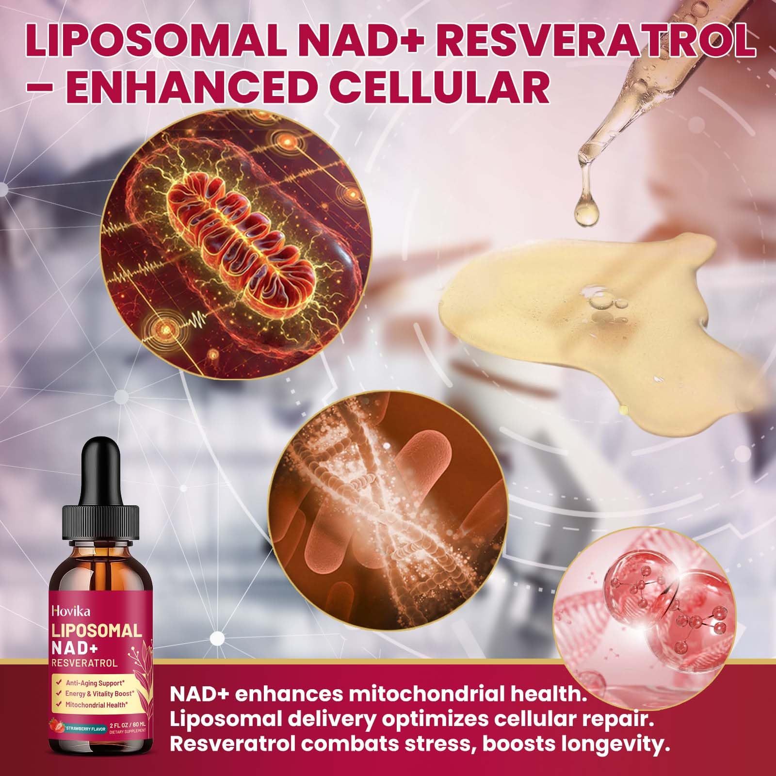 Liposomal NAD Supplement - 1200mg NAD+ Liquid Drops for Women & Men with Resveratrol, Black Pepper Extract - Support Anti-Aging, Brain & Cellular Mitochondrial Health - 2 Fl Oz, Strawberry Flavor - Maple Wellness Supplements