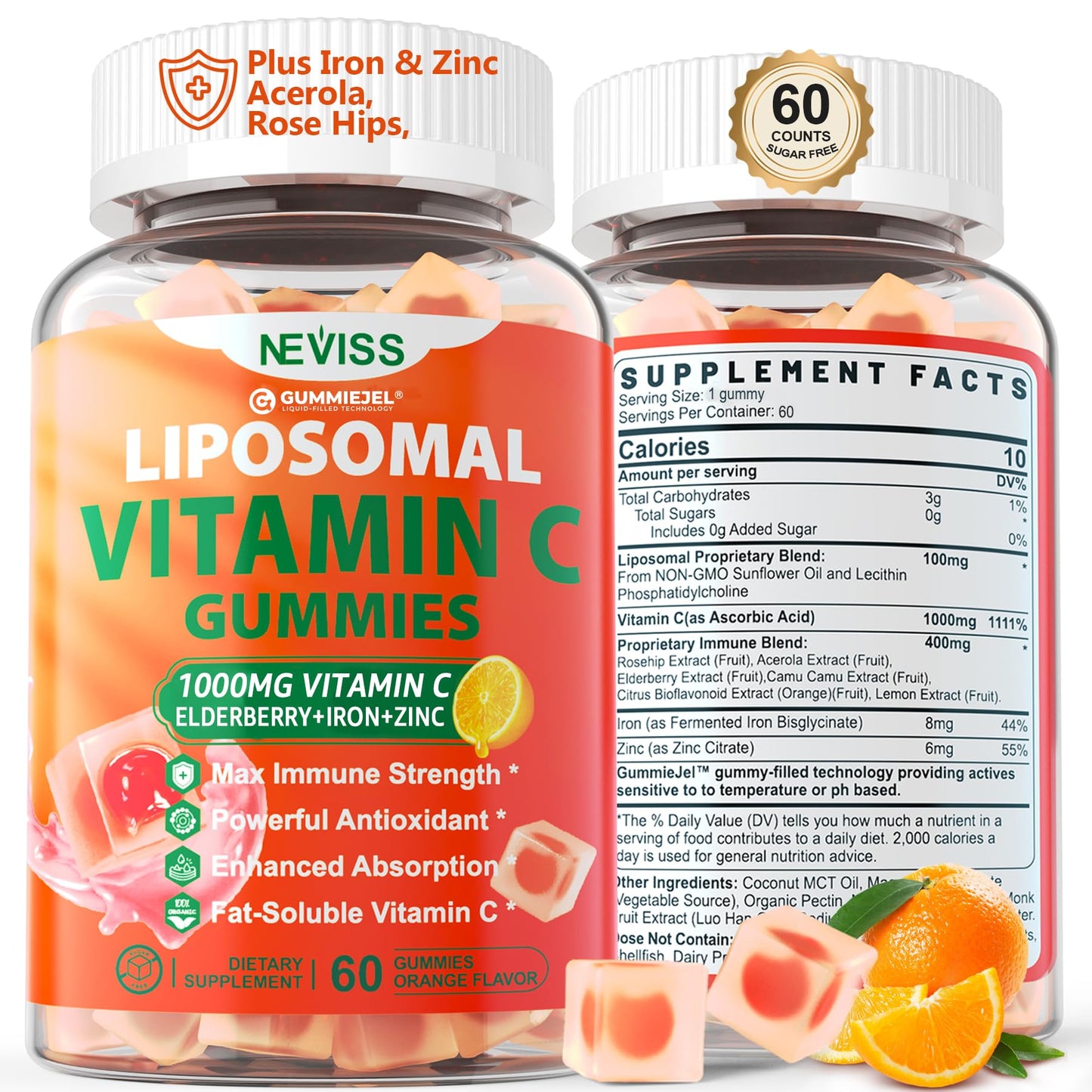 Liposomal Vitamin C 1000mg Gummies for Adults - Vitamin C Chewable with Elderberry, Zinc & 8mg Iron, Sugar Free Vit C Supplements, Daily Immune Support Gummies for Energy - Maple Wellness Supplements