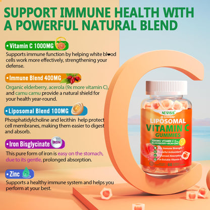 Liposomal Vitamin C 1000mg Gummies for Adults - Vitamin C Chewable with Elderberry, Zinc & 8mg Iron, Sugar Free Vit C Supplements, Daily Immune Support Gummies for Energy - Maple Wellness Supplements