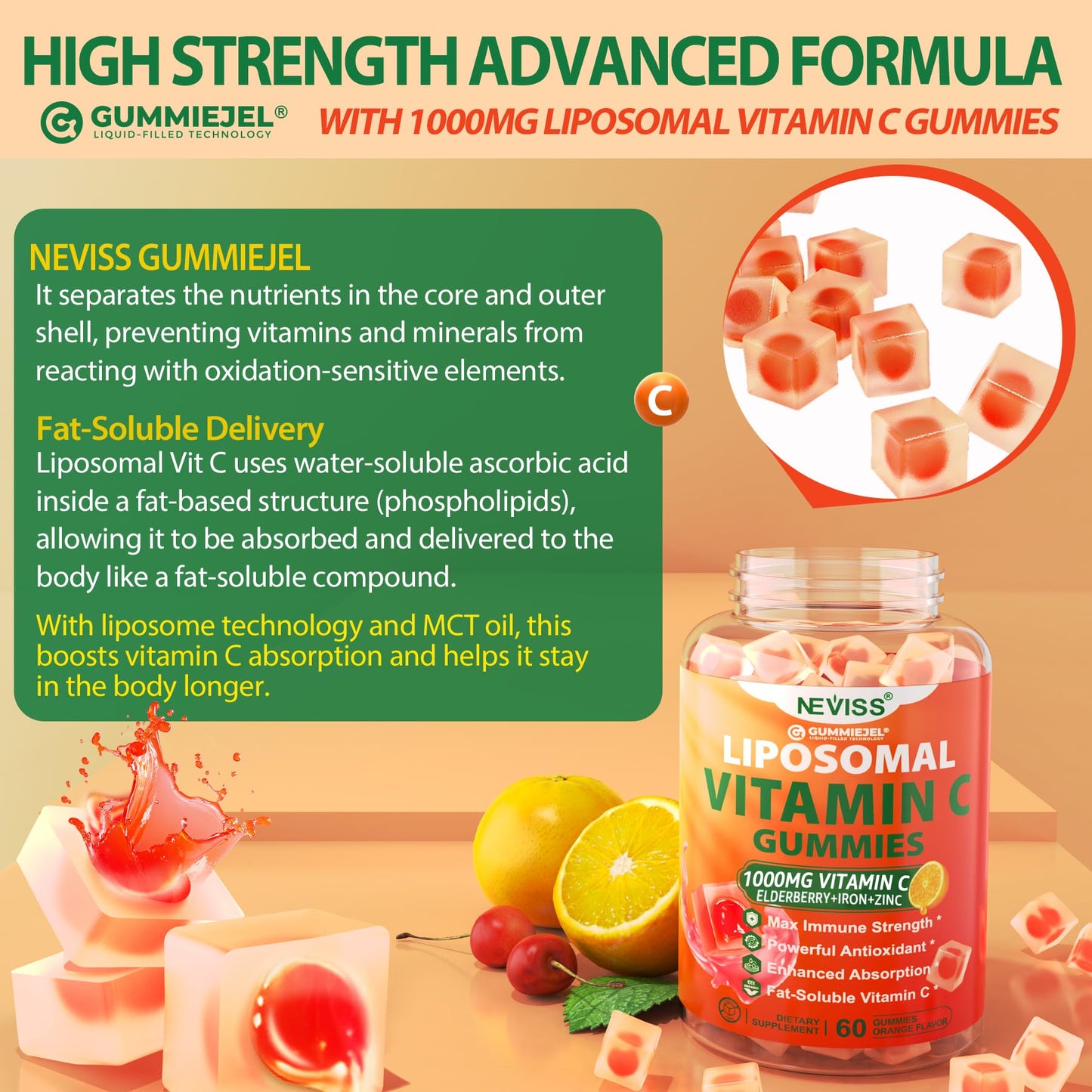 Liposomal Vitamin C 1000mg Gummies for Adults - Vitamin C Chewable with Elderberry, Zinc & 8mg Iron, Sugar Free Vit C Supplements, Daily Immune Support Gummies for Energy - Maple Wellness Supplements