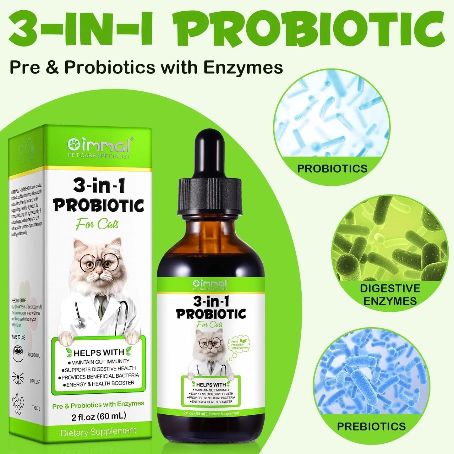 Liquid Cat Probiotic, Natural 3 in 1 Probiotic for Cats, Cat Digestive Support,Gut Health Support,Help with Diarrhea,Gas and Bloating, Cat Herbal Supplements- 60ml - Maple Wellness Supplements