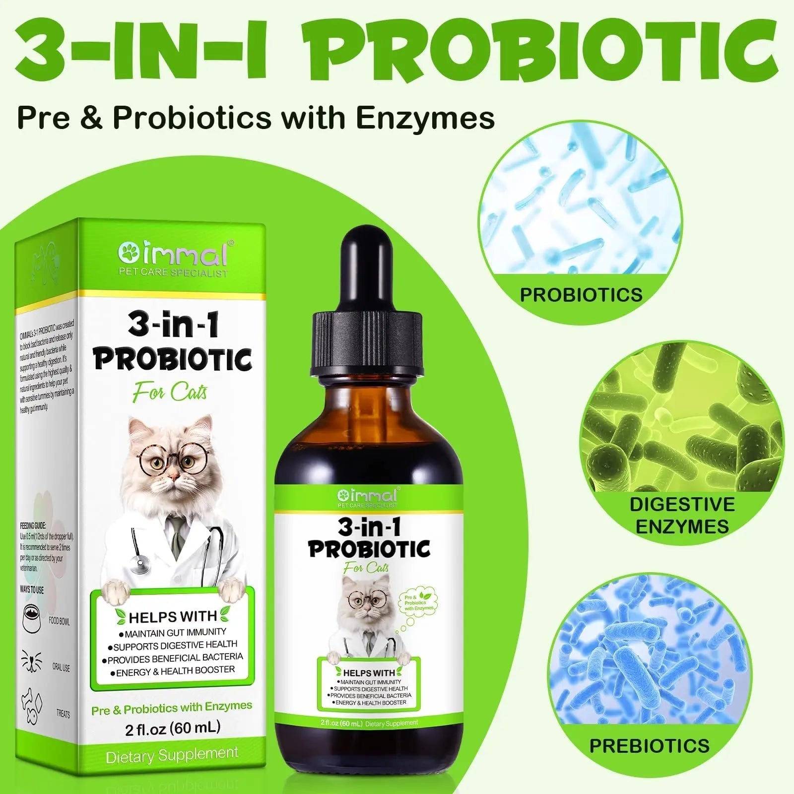 Liquid Cat Probiotic, Natural 3 in 1 Probiotic for Cats, Cat Digestive Support,Gut Health Support,Help with Diarrhea,Gas and Bloating, Cat Herbal Supplements- 60ml - Maple Wellness Supplements