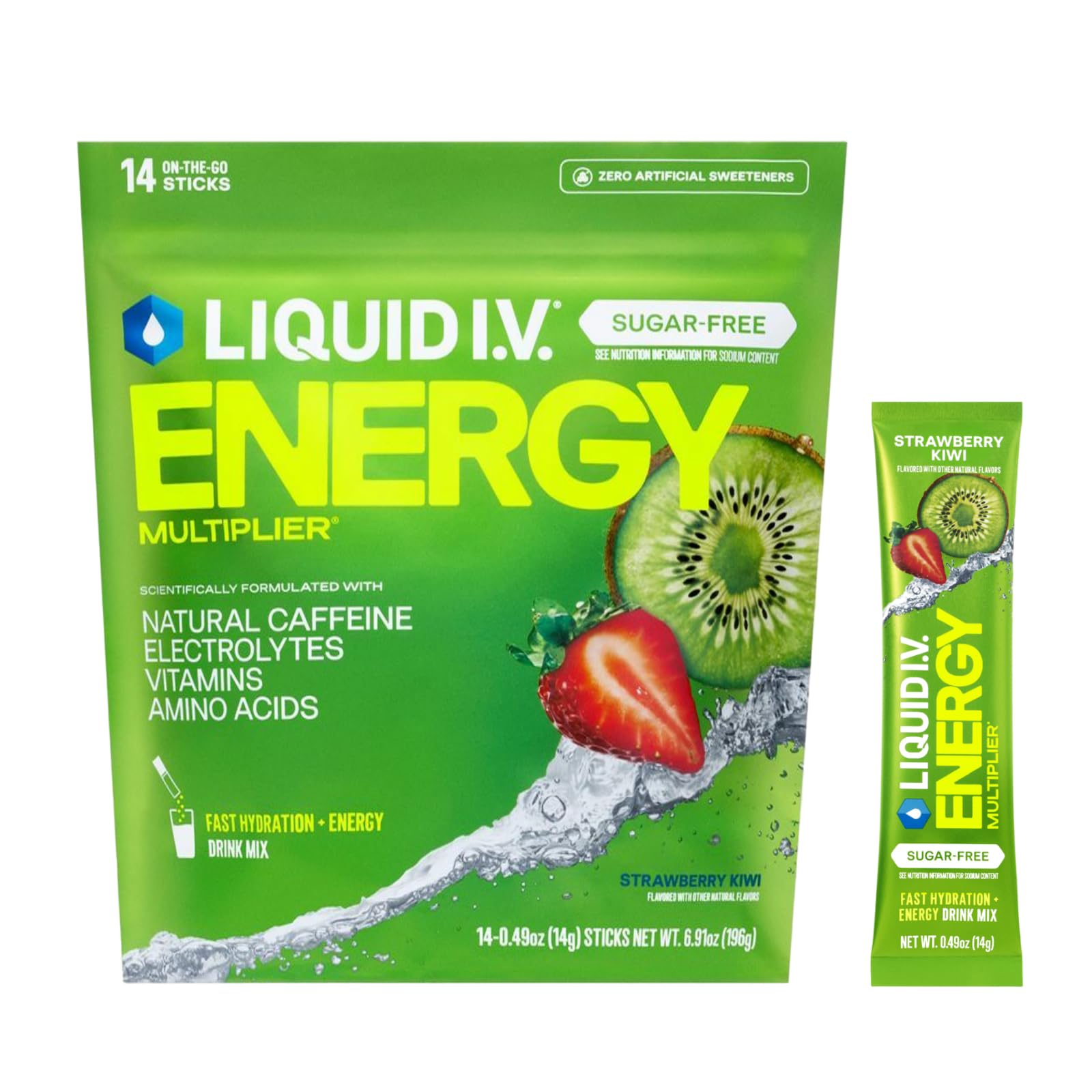 Liquid I.V.® Hydration Multiplier Sugar Free + Energy - Strawberry Kiwi | Electrolyte Powder Drink Mix | 1 Pack (14 Servings) - Maple Wellness Supplements