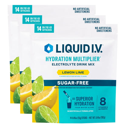 Liquid I.V.® Hydration Multiplier Sugar Free – Lemon Lime | Electrolyte Powder Drink Mix | 3 Pack (42 Servings) - Maple Wellness Supplements