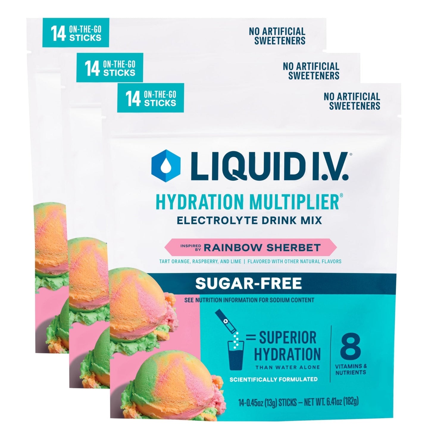 Liquid I.V.® Hydration Multiplier Sugar-Free - Rainbow Sherbet | Electrolyte Powder Drink Mix | 3 Pack (42 Servings) - Maple Wellness Supplements