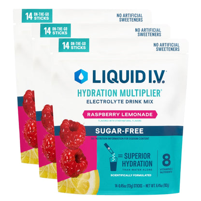 Liquid I.V.® Hydration Multiplier® Sugar-Free - Raspberry Lemonade | Electrolyte Powder Drink Mix | 3 Pack (42 Servings) - Maple Wellness Supplements