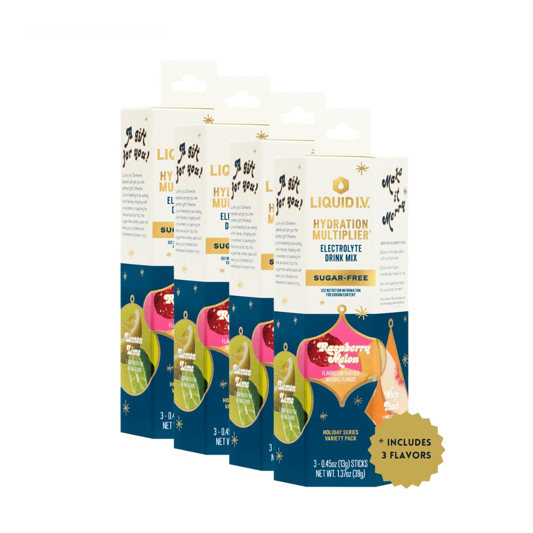 Liquid I.V.® Hydration Multiplier Sugar-Free - Variety Pack Stocking Stuffer - Raspberry Melon, Lemon Lime, and White Peach - 4 Pack (12 Sticks) - Maple Wellness Supplements