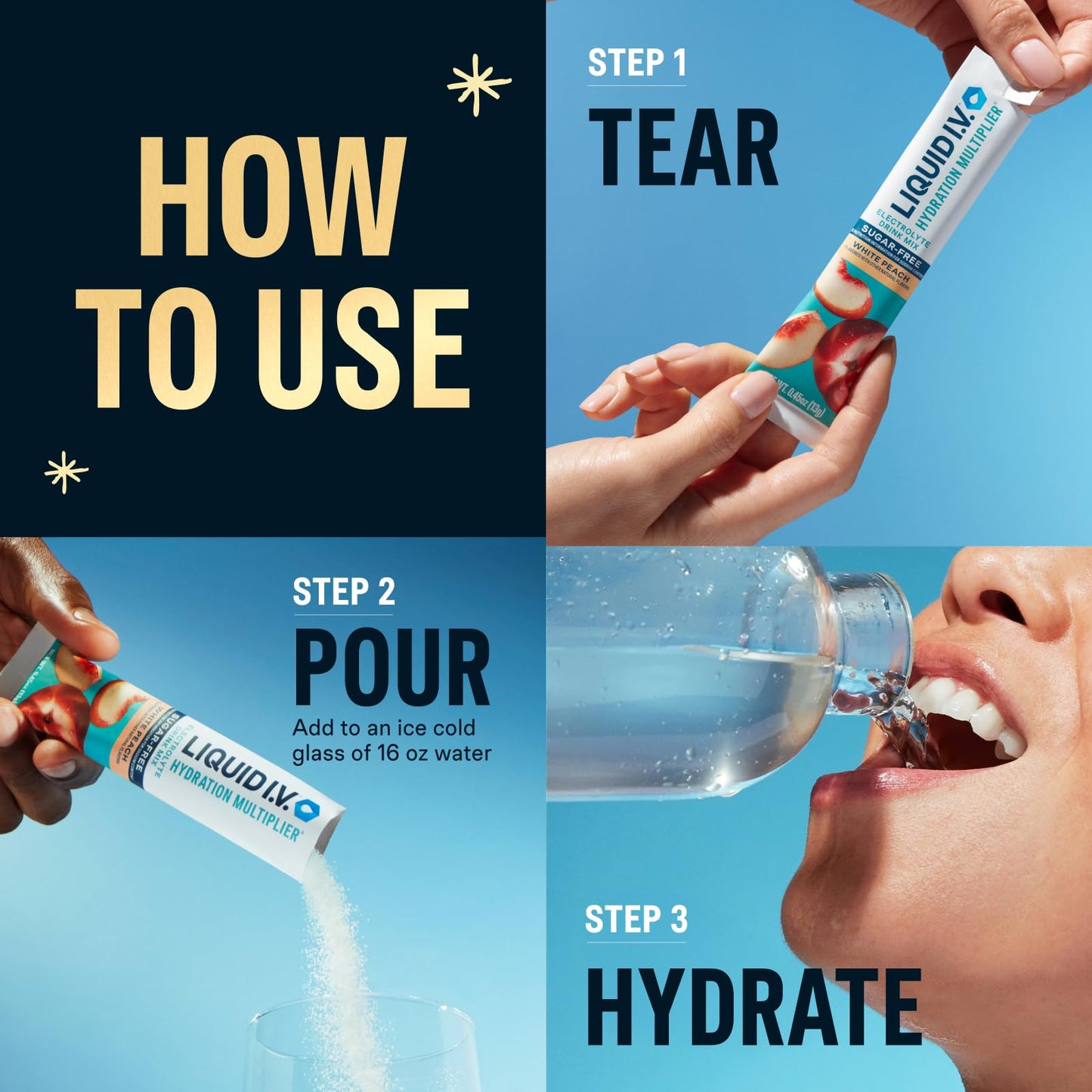 Liquid I.V.® Hydration Multiplier Sugar-Free - Variety Pack Stocking Stuffer - Raspberry Melon, Lemon Lime, and White Peach - 4 Pack (12 Sticks) - Maple Wellness Supplements