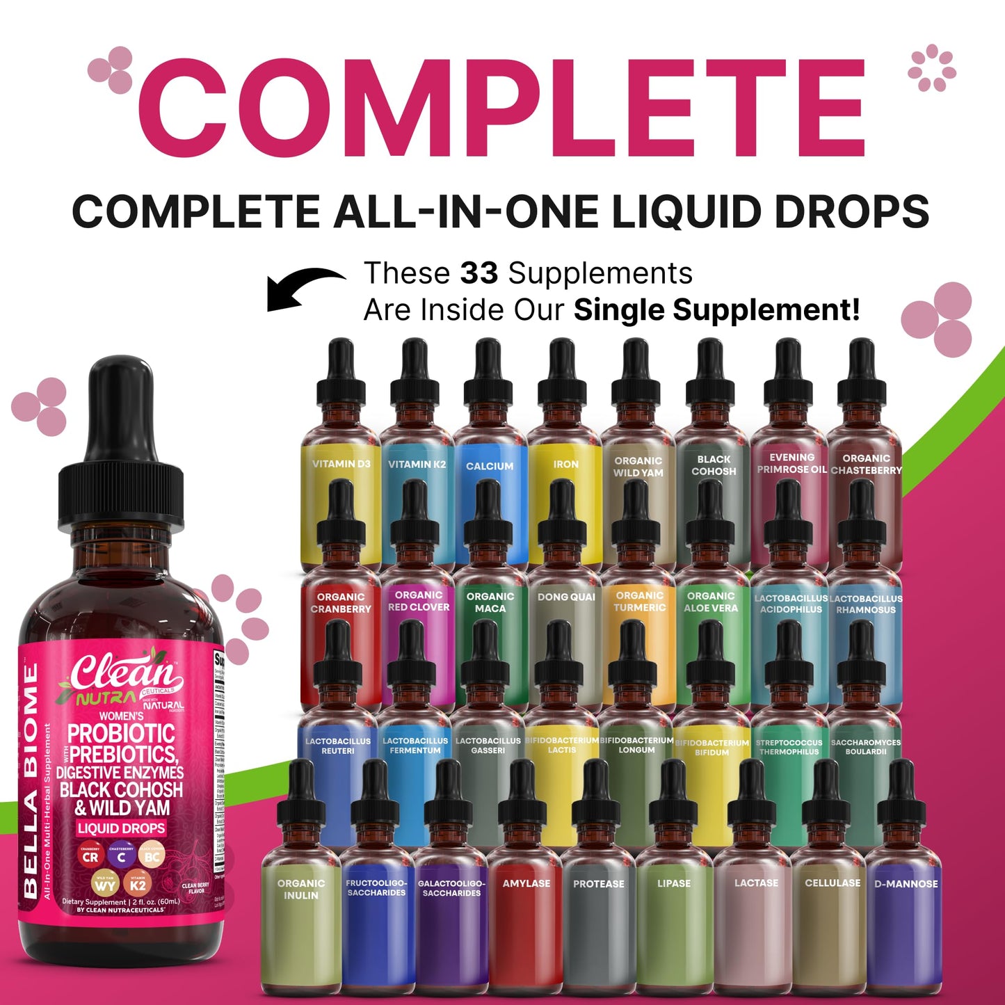 Liquid Probiotics for Women Drops with Chasteberry, Black Cohosh, Prebiotics, Digestive Enzymes, Evening Primrose Oil, Wild Yam, Cranberry Dmannose and Iron Vitamin D3 K2 Clean Nutra Bella Biotics - Maple Wellness Supplements