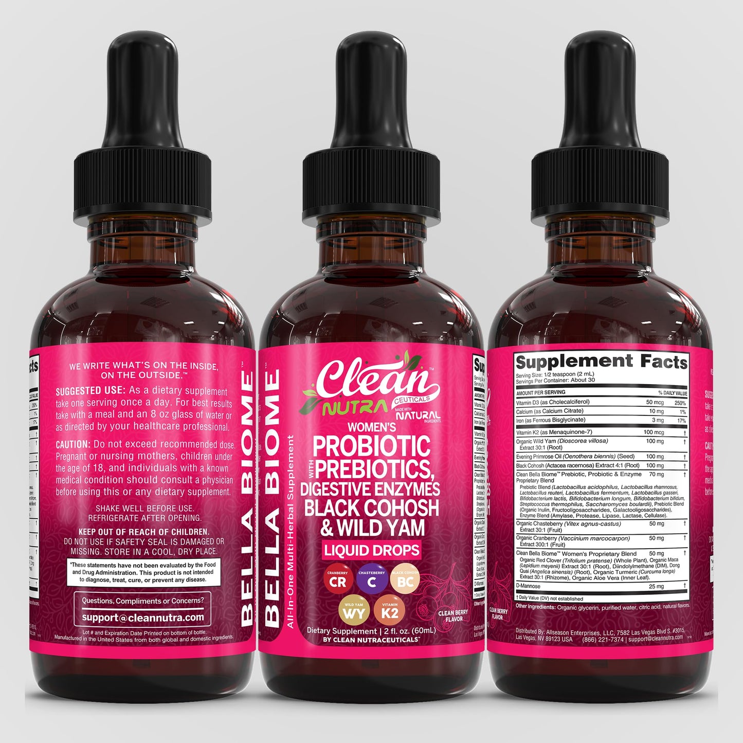 Liquid Probiotics for Women Drops with Chasteberry, Black Cohosh, Prebiotics, Digestive Enzymes, Evening Primrose Oil, Wild Yam, Cranberry Dmannose and Iron Vitamin D3 K2 Clean Nutra Bella Biotics - Maple Wellness Supplements