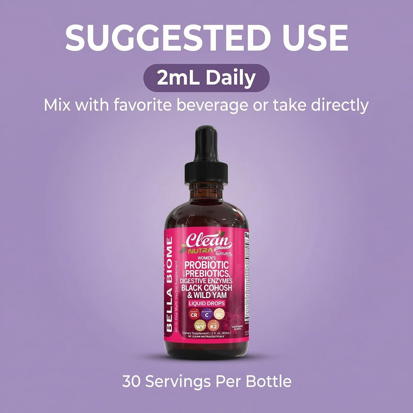 Liquid Probiotics for Women Drops with Chasteberry, Black Cohosh, Prebiotics, Digestive Enzymes, Evening Primrose Oil, Wild Yam, Cranberry Dmannose and Iron Vitamin D3 K2 Clean Nutra Bella Biotics - Maple Wellness Supplements