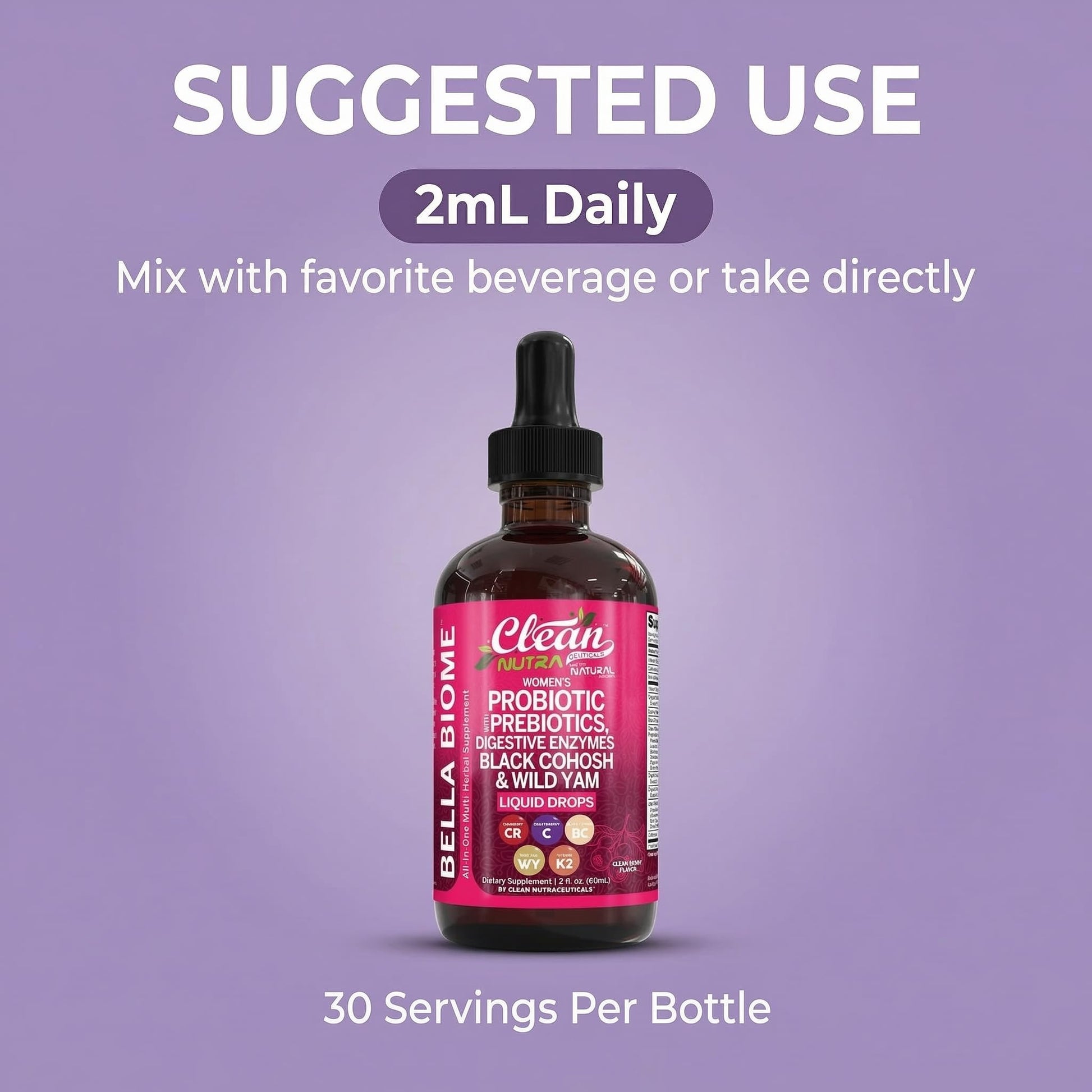 Liquid Probiotics for Women Drops with Chasteberry, Black Cohosh, Prebiotics, Digestive Enzymes, Evening Primrose Oil, Wild Yam, Cranberry Dmannose and Iron Vitamin D3 K2 Clean Nutra Bella Biotics - Maple Wellness Supplements