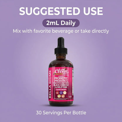 Liquid Probiotics for Women Drops with Chasteberry, Black Cohosh, Prebiotics, Digestive Enzymes, Evening Primrose Oil, Wild Yam, Cranberry Dmannose and Iron Vitamin D3 K2 Clean Nutra Bella Biotics - Maple Wellness Supplements
