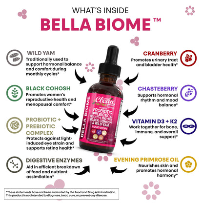 Liquid Probiotics for Women Drops with Chasteberry, Black Cohosh, Prebiotics, Digestive Enzymes, Evening Primrose Oil, Wild Yam, Cranberry Dmannose and Iron Vitamin D3 K2 Clean Nutra Bella Biotics - Maple Wellness Supplements