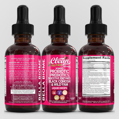 Liquid Probiotics for Women Drops with Chasteberry, Black Cohosh, Prebiotics, Digestive Enzymes, Evening Primrose Oil, Wild Yam, Cranberry Dmannose and Iron Vitamin D3 K2 Clean Nutra Bella Biotics - Maple Wellness Supplements