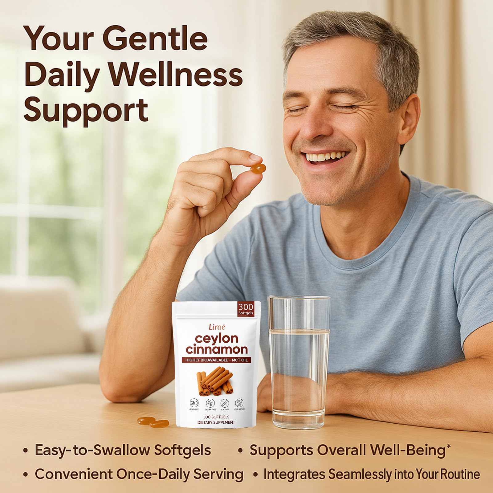 LIRAE Ceylon Cinnamon Softgels with MCT Oil – 300 Softgels – True Ceylon Cinnamon Supplement – Non-GMO, Gluten Free - Maple Wellness Supplements