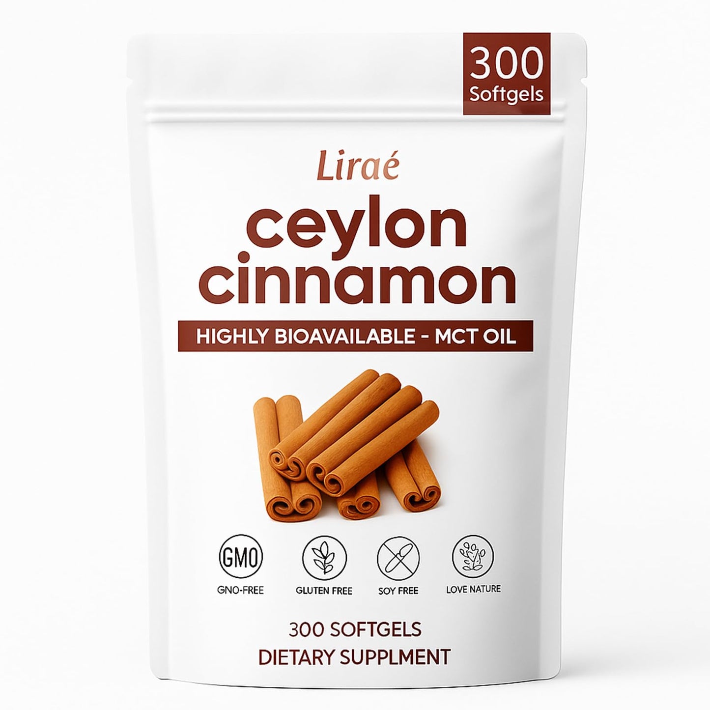 LIRAE Ceylon Cinnamon Softgels with MCT Oil – 300 Softgels – True Ceylon Cinnamon Supplement – Non-GMO, Gluten Free - Maple Wellness Supplements