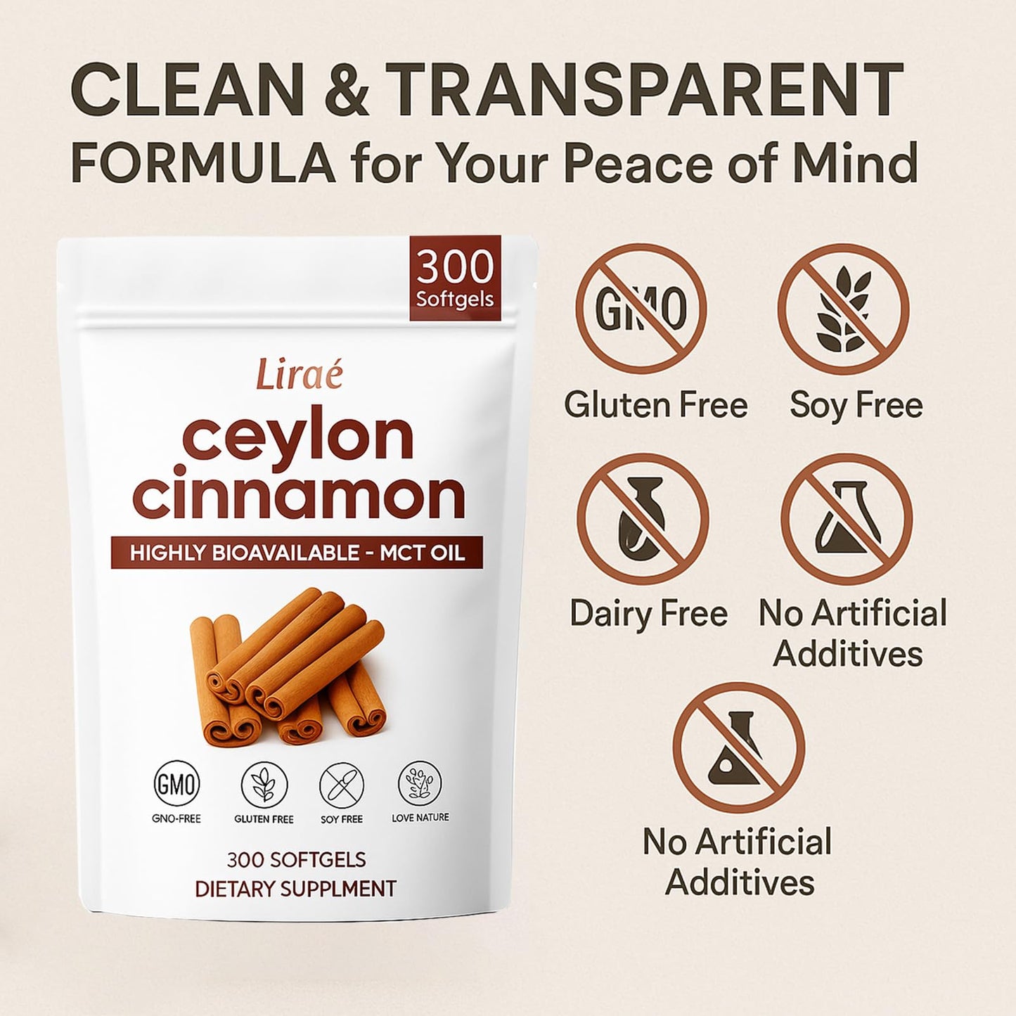 LIRAE Ceylon Cinnamon Softgels with MCT Oil – 300 Softgels – True Ceylon Cinnamon Supplement – Non-GMO, Gluten Free - Maple Wellness Supplements